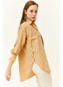 Olalook Women's Camel Side Button Detailed Oversize Woven Shirt