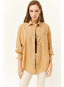 Olalook Women's Camel Side Button Detailed Oversize Woven Shirt