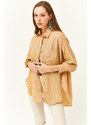 Olalook Women's Camel Side Button Detailed Oversize Woven Shirt