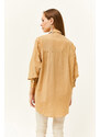 Olalook Women's Camel Side Button Detailed Oversize Woven Shirt