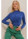 Trend Alaçatı Stili Women's Saks Standing Neck Draped Sandy Bodysuit with Snap fastener