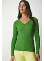 Happiness İstanbul Women's Light Green V-Neck Corduroy Basic Blouse