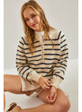 Bianco Lucci Women's Buttonhole Turtleneck Striped Knitwear Sweater