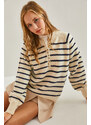 Bianco Lucci Women's Buttonhole Turtleneck Striped Knitwear Sweater