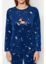 Trendyol Navy Blue Fleece Star Embroidery Detailed Tshirt-Pants Knitted Pajamas Set