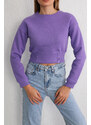 BİKELİFE Women's Lilac Waist Band Detail Fleece Knitted Sweatshirt Crop