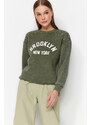 Trendyol Khaki Aged/Faded Effect Thick Fleece Stone and Print Detail Regular Knitted Sweatshirt