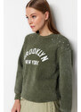 Trendyol Khaki Aged/Faded Effect Thick Fleece Stone and Print Detail Regular Knitted Sweatshirt