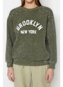 Trendyol Khaki Aged/Faded Effect Thick Fleece Stone and Print Detail Regular Knitted Sweatshirt