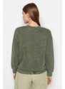 Trendyol Khaki Aged/Faded Effect Thick Fleece Stone and Print Detail Regular Knitted Sweatshirt