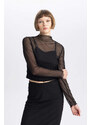 DEFACTO Slim Fit Half Turtleneck Tulle Long Sleeve T-Shirt