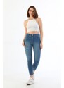 BİKELİFE Light Blue Nail Detail Plus Size High Waist Lycra Denim Trousers.