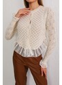 BİKELİFE Women's Ecru Buttoned Tulle Detailed Special Design Knitwear Sweater