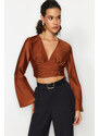 Trendyol Brown Draped Satin Blouse