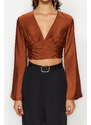 Trendyol Brown Draped Satin Blouse