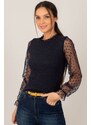 armonika Women's Navy Blue Sleeve and Collar Tulle Ribbed Knitwear Sweater