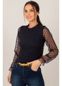 armonika Women's Navy Blue Sleeve and Collar Tulle Ribbed Knitwear Sweater