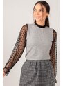 armonika Women's Grey-Black Sleeve And Collar Tulle Ribbed Knitwear Sweater