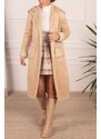 armonika Women's Beige Furry Pocket Detailed Buttoned Suede Long Coat