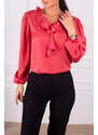 armonika Women's Dark Pink Satin Blouse with Frilled Collar on the Shoulders and Elasticated Sleeves