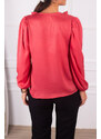 armonika Women's Dark Pink Satin Blouse with Frilled Collar on the Shoulders and Elasticated Sleeves