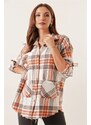 By Saygı Double Pockets Plaid Cachet Shirt with Fold Sleeves Orange