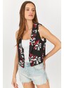 armonika Women's Red Patterned Crop Vest Without Buttons
