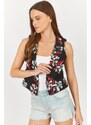 armonika Women's Red Patterned Crop Vest Without Buttons