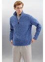 GRIMELANGE Hayes Men's Fleece Half Zipper Leather Accessory Thick Textured Comfort Fit Indigo Fleece