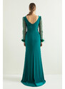 Lafaba Women's Emerald Green V-Neck Long Evening Dress with a Slit with Jewels on the sleeves.