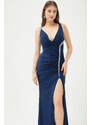 Lafaba Women's Navy Blue Stone Strap Long Evening Dress