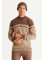 AC&Co / Altınyıldız Classics Men's Brown-beige Standard Fit Regular Cut Half Turtleneck Zigzag Pattern Knitwear Sweater.