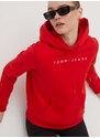 Mikina Tommy Jeans dámská, červená barva, s kapucí, s aplikací