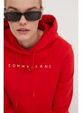 Mikina Tommy Jeans dámská, červená barva, s kapucí, s aplikací
