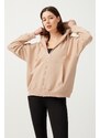 LOS OJOS Women's Beige Hooded Oversize Raised Zipper Knitted Sweatshirt