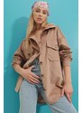 Trend Alaçatı Stili Women's Beige Velvet Cotton Double Pocket Oversized Jacket Shirt