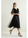 Lafaba Women's Black Balloon Sleeve Silvery Evening Dress