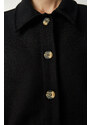 Happiness İstanbul Dámská černá knoflíková kapsa Oversize košilová bunda