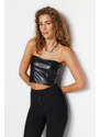 Trendyol Black Faux Leather Strapless Back Zippered Crop Bustier