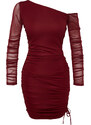 Trendyol Burgundy Fitted Lined Knitted Tulle Dress