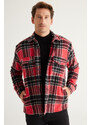 AC&Co / Altınyıldız Classics Men's Red-black Oversize Wide Cut Buttoned Collar Checkered Winter Shirt Jacket