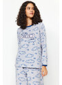 Trendyol Gray Fleece Cloud and Heart Patterned Tshirt-Pants Knitted Pajamas Set