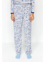 Trendyol Gray Fleece Cloud and Heart Patterned Tshirt-Pants Knitted Pajamas Set