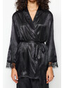 Trendyol Black Premium Satin Lace and Tie Detail Woven Pajamas Set