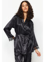 Trendyol Black Premium Satin Lace and Tie Detail Woven Pajamas Set