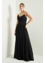 Lafaba Women's Black Chest Draped Slit Flared Silvery Evening Dress