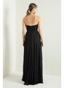 Lafaba Women's Black Chest Draped Slit Flared Silvery Evening Dress