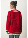 Happiness İstanbul Štěstí İstanbul Dámský červený proužek s výstřihem do V Detailní oversize pletený svetr