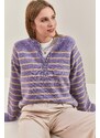 Bianco Lucci Women's Button-down Collar Turtleneck Striped Knitwear Sweater