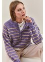 Bianco Lucci Women's Button-down Collar Turtleneck Striped Knitwear Sweater